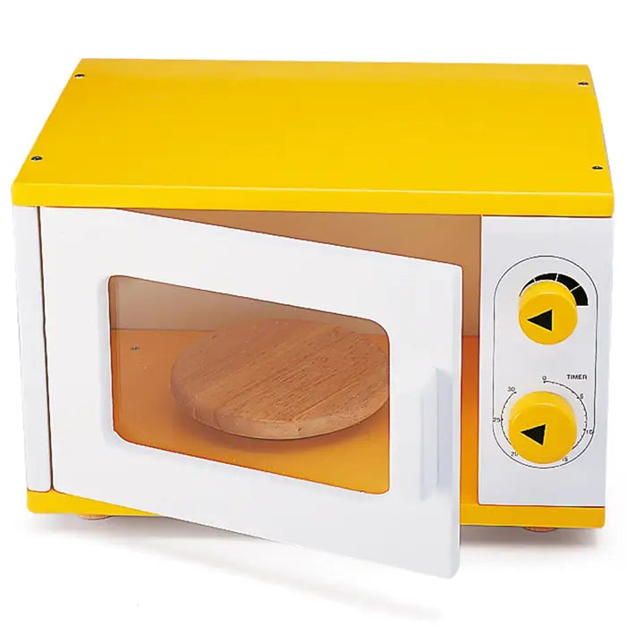 Tidlo Toy Microwave, Budding young chefs will be able to cook up a fabulous feast of fiction with this Tidlo Toy Microwave. With a realistic internal turntable and dials that turn and click, this compact wooden pretend microwave is great for role-playing. Sturdy and robust, it features a front opening door with a magnetic stopper that opens wide for easy access. Lunch will be served in record time, but what can we learn about the things we should and shouldn't put in the microwave toy? Toy microwaves are a 