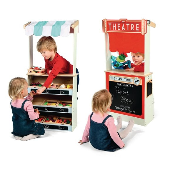Tidlo Wooden Play Shop and Theatre, The Tidlo Play Shop and Theatre provides fantastic play value with its 2 in 1 design, changing seamlessly from a Theatre into a Shop. Simply raise the theatre curtain with the rotating, clicking dial and reverse the fabric to reveal the market stall roof. The Theatre features a chalkboard and clock, to advertise the next play and time. Plus, 50 theatre tickets to dispense through the ticket machine slot and give to those attending the show! During the show there are shelv