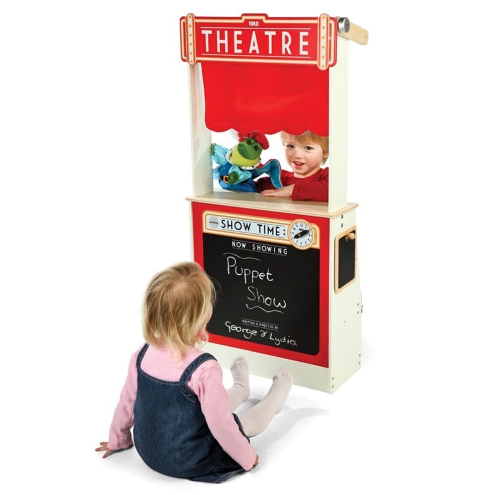 Tidlo Wooden Play Shop and Theatre, The Tidlo Play Shop and Theatre provides fantastic play value with its 2 in 1 design, changing seamlessly from a Theatre into a Shop. Simply raise the theatre curtain with the rotating, clicking dial and reverse the fabric to reveal the market stall roof. The Theatre features a chalkboard and clock, to advertise the next play and time. Plus, 50 theatre tickets to dispense through the ticket machine slot and give to those attending the show! During the show there are shelv