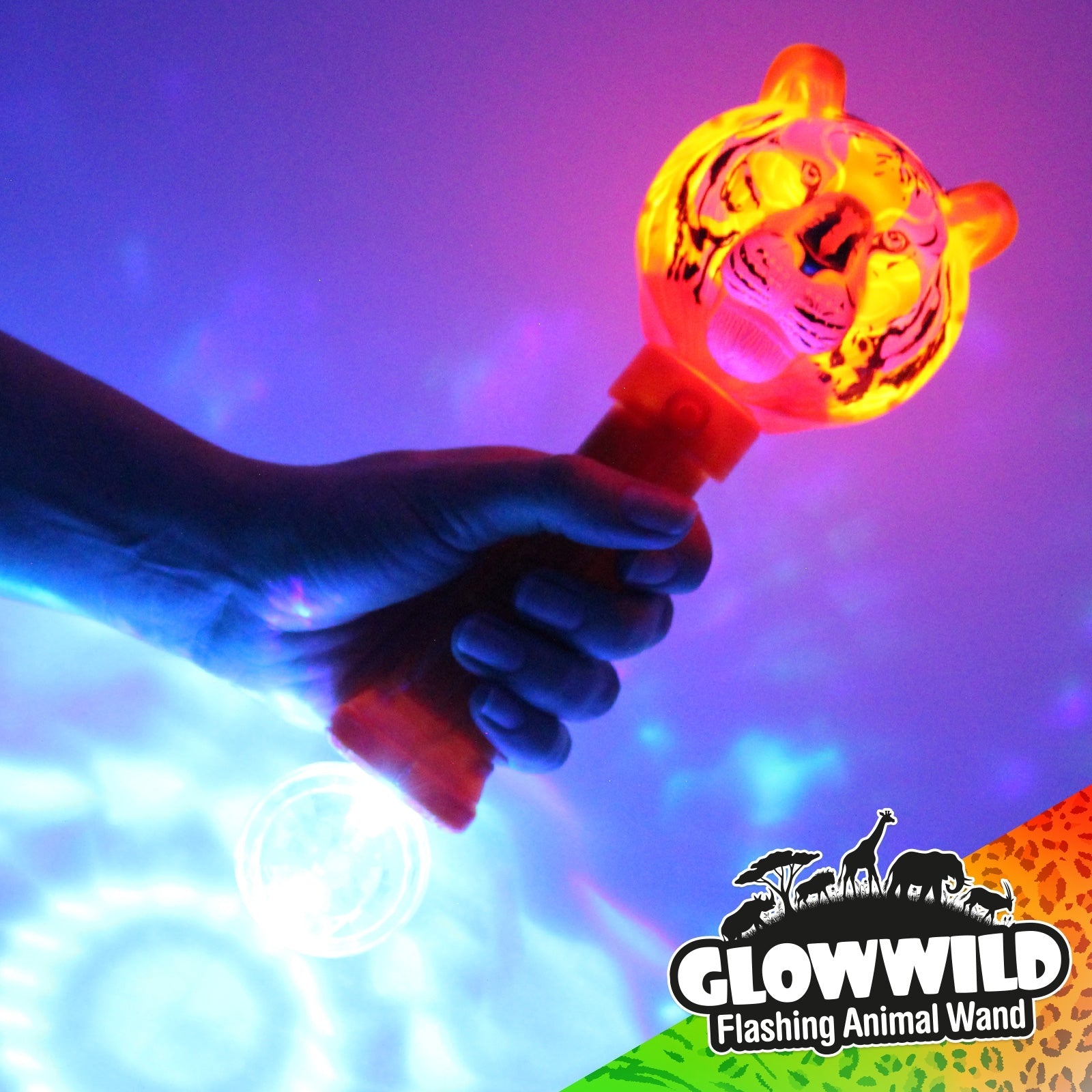 Tiger Mega Light Up Animal Wand 11", Tiger, tiger burning bright! This funky tiger wand shines very brightly with multi coloured, multi function LEDs! A large wand measuring 11" long, this colourful baton is topped with a proud tiger head that illuminates and shines through a loop of incredible colour change effects! With a simple on/of function, this funky tiger wand is finished with a disco ball at the base that projects colour flash effects onto surrounding surfaces ramping up the fun factor! Tiger Mega 