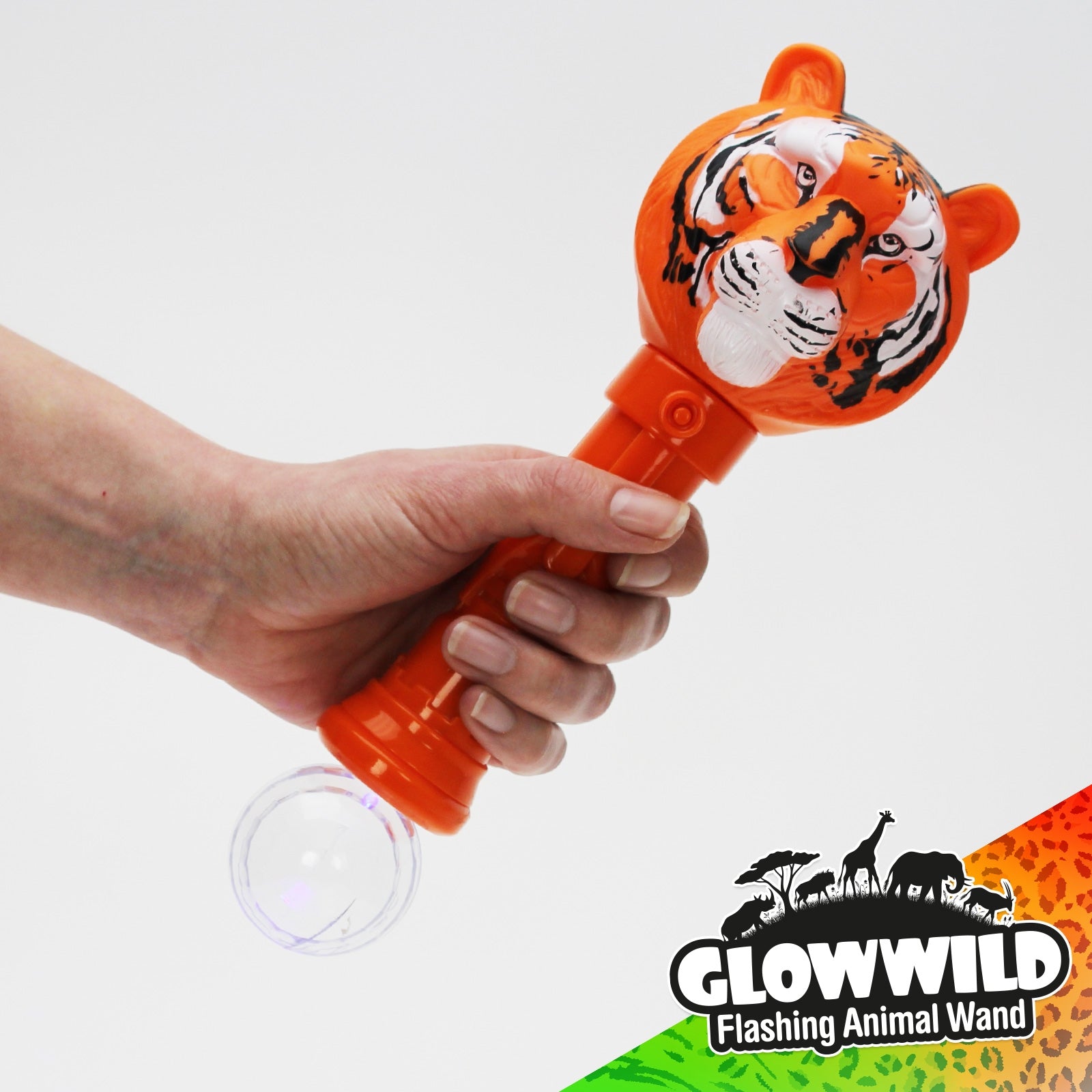 Tiger Mega Light Up Animal Wand 11", Tiger, tiger burning bright! This funky tiger wand shines very brightly with multi coloured, multi function LEDs! A large wand measuring 11" long, this colourful baton is topped with a proud tiger head that illuminates and shines through a loop of incredible colour change effects! With a simple on/of function, this funky tiger wand is finished with a disco ball at the base that projects colour flash effects onto surrounding surfaces ramping up the fun factor! Tiger Mega 