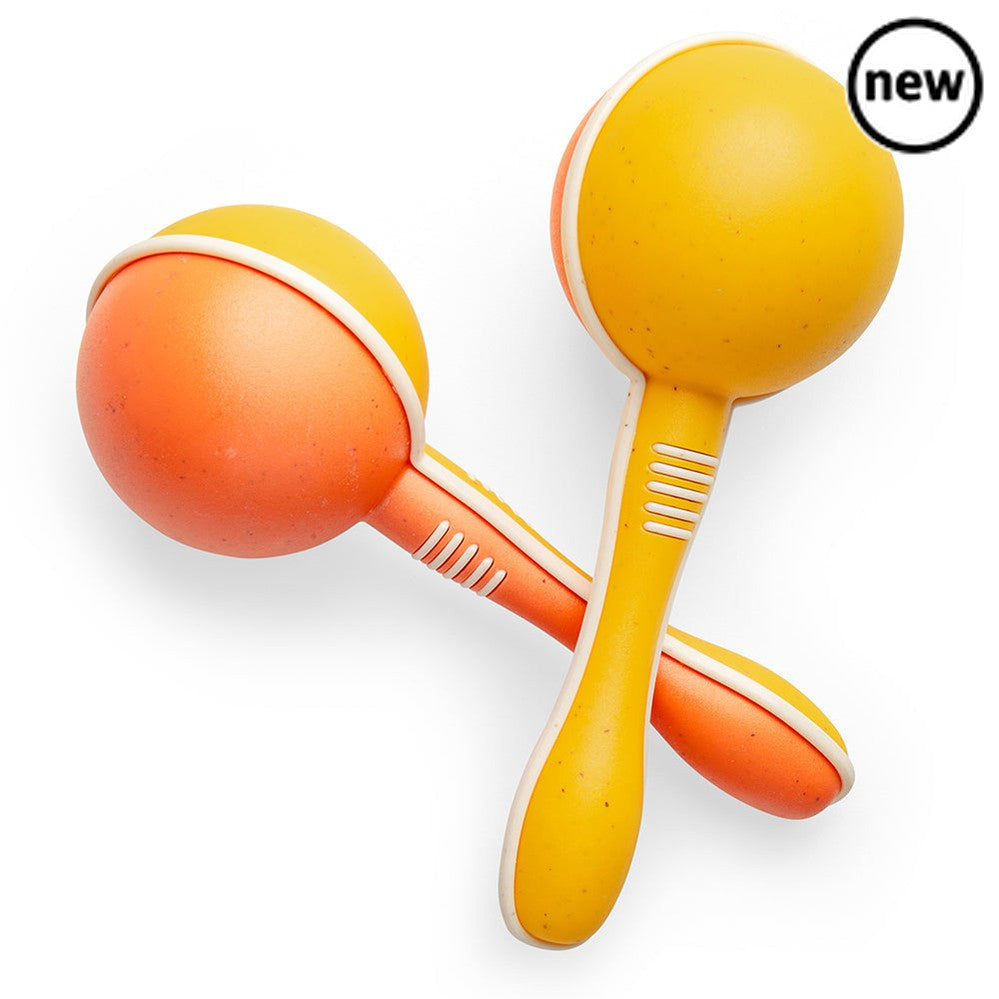 Tiger Tribe Maracas, Introduce your little one to the joy of music with Tiger Tribe Maracas. These eco-friendly baby maracas are part of Tiger Tribe's ECO range, made from sustainable bio plastic that's kinder to the planet. The bright orange and yellow colors and gentle rattling sounds are designed to engage babies and toddlers, stimulating their senses and encouraging exploration. Bopping and grooving together as a family is not only a fun bonding activity, but it also helps to boost your toddler's sensor