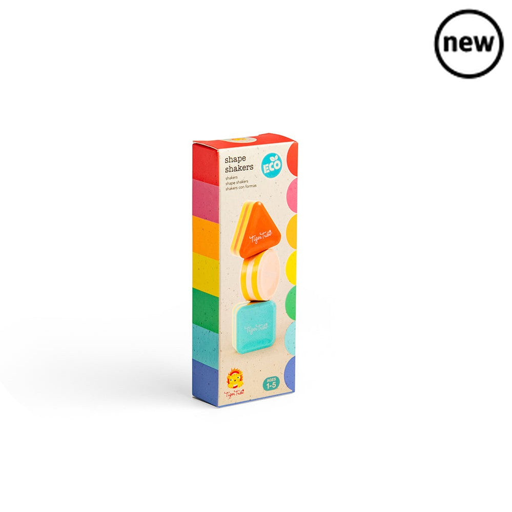 Tiger Tribe Shape Shakers, A sensory stacking toy and percussion in one! Part of Tiger Tribe’s ECO range, these quirky Shape Shakers come in a set of three and are made from sustainable bio plastic, making them kinder to the environment. The set features a triangle, circle and square in a rainbow of soft pastel colours. Each Shape Shaker makes its own unique sound, so your baby or toddler can have fun creating different rhythmic melodies - or stack them up and listen as they topple over! Musical instruments