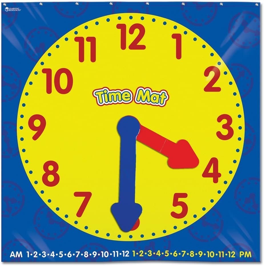 Time activity mat, Use the Time activity mat to reinforce time-telling skills by playing engaging games! Invites students to roll the cubes, then place the plastic hands or position themselves on the mat to show the time they have rolled. This Time activity mat reinforces time-telling in 5 minute increments. There is also a time number line along the bottom of the mat for elapsed time activities. Featuring colour-coded plastic clock hands, young learners will quickly see the difference between hours and min