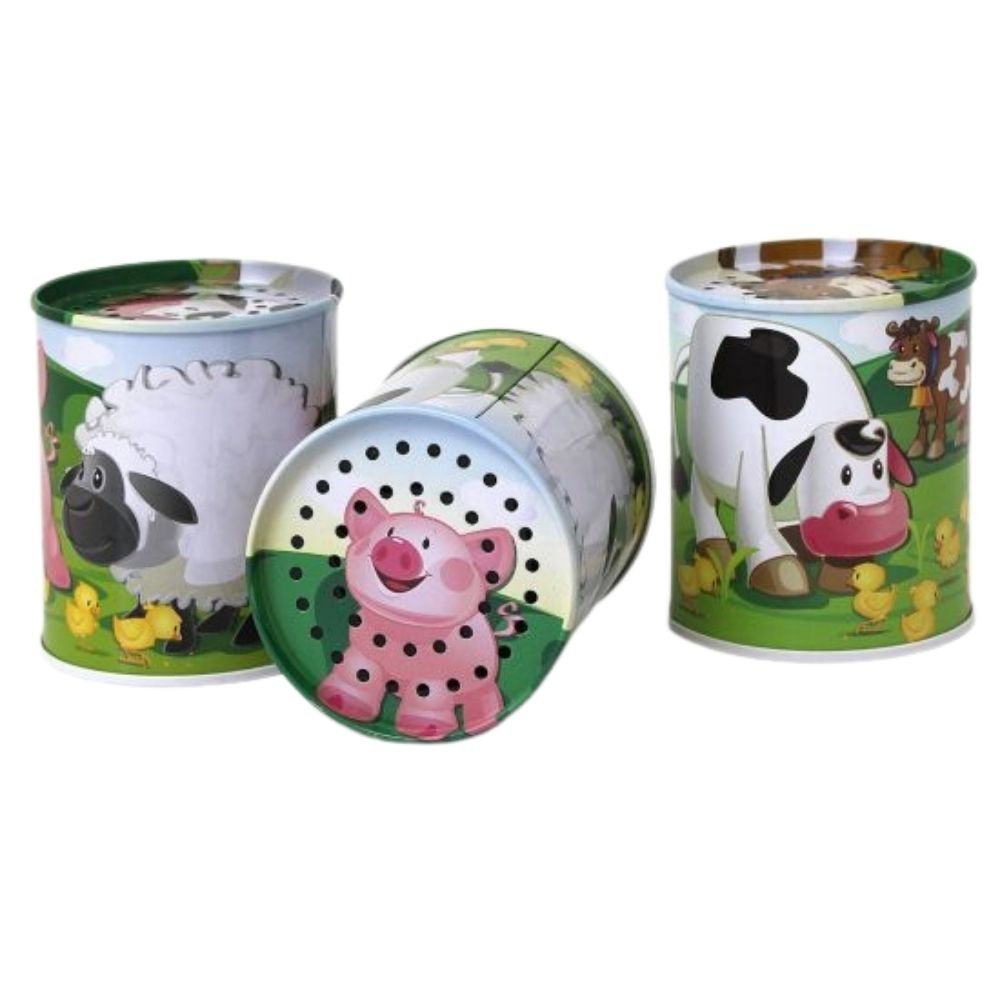Tin Animal Sound Maker, Classic sound maker toy made from tin. Each Tin Animal Sound Maker is beautifully decorated with animals including a cow, pig and sheep. Simply tip the Tin Animal Sound Maker over to hear farmyard animal sounds. This traditional Tin Animal Sound Maker toy is always popular with young children who will be fascinated by the noises produced from this loveable tin novelty. Please note that they all play the same noise, the depicted design does not represent the noise being made. Animal n