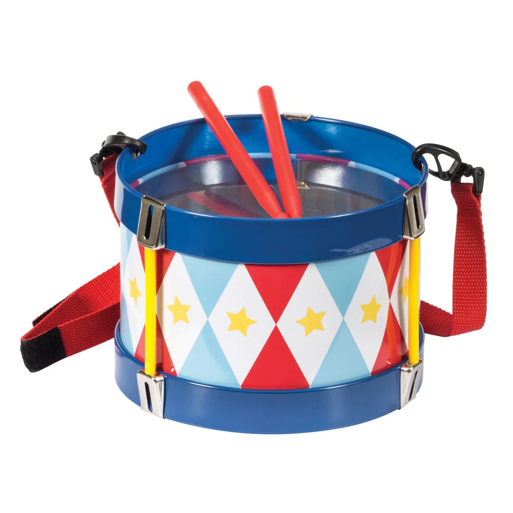 Tin Drum, March to the beat of your very own Tin Drum. With an adjustable strap and two drumsticks, kids will be sure to never miss a beat. The coloured balls bounce inside the drum as the beat plays. The Tin Toy Drum has a beautiful red, white and blue colourway with yellow star accents. Clips hold the toy drum together with metal springs to make it endurance enthusiastic music sessions. The adjustable strap means the tin drum can be taken anywhere, at any time. Made from tin with a clear plastic drum head