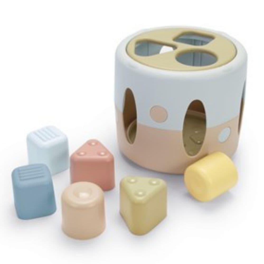 Tiny Bio Shape Sorter, The Dantoy Tiny Bio Shape Sorter has three shaped holes in the top - circle, triangle and square. It comes with 2 of each shape to match and post, individually coloured in subdued, natural shades that are dishwasher safe. Each shape also has a textured top which can be pressed into modelling clay or sand. The shape sorter is made in Denmark out of bioplastic, which is a sustainable raw material made of 90% sugarcane, making it certified to carry the Nordic Swan Ecolabel. Sustainable b
