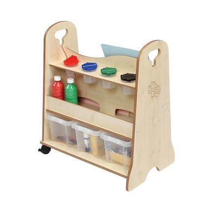 Toddler Art Trolley, The Toddler Art Trolley is the perfect mobile resource unit for art and craft materials. The Toddler Art Trolley is supplied with three plastic trays. Back panel cut outs to enable easy cleaning of the paper store at the front. The Toddler Art Trolley has four holes for paint pots or other containers. Lockable castors on one side enable easy wheeling. 15mm Covered MDF – ISO 22196 certified antibacterial. Versatile, easy access art storage unit supplied with three clear trays. Designed f