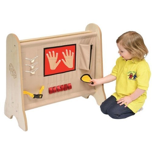 Toddler Duo Activity Station, The Toddler Duo Activity Station is a versatile and long-lasting play unit designed specifically for young children. Constructed from 15mm laminated MDF, this activity station is built to withstand the rigors of daily use in early years settings. The bull-nosed polished edges ensure that little ones can play safely without the risk of any sharp edges. This dual-sided activity panel provides a wide range of engaging and educational activities for toddlers. With two different sid