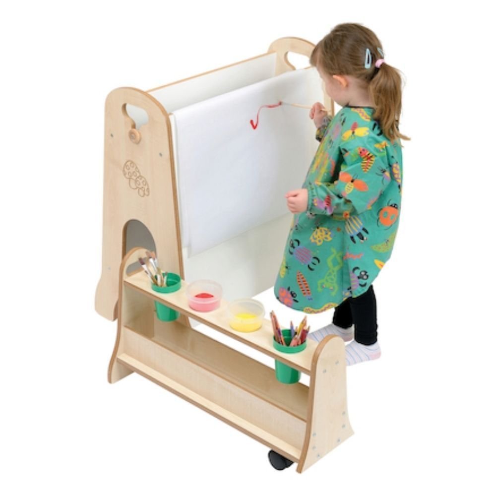 Toddler Easel with Storage, The Toddler Easel with Storage is a double sided easel with built in pull out storage for easy child access. The Toddler Easel with Storage has chalkboard and dry wipe board on each side. The Toddler Easel with Storage has a space saving storage simply pulls out from within the easel, includes holes for four paint pots. Teams well with the Art Storage Trolley Benefits of the Toddler Easel with Storage Easel: H750 x W650 x D420mm. Easel Storage: H358 x W220 x D220mm. Art Storage T