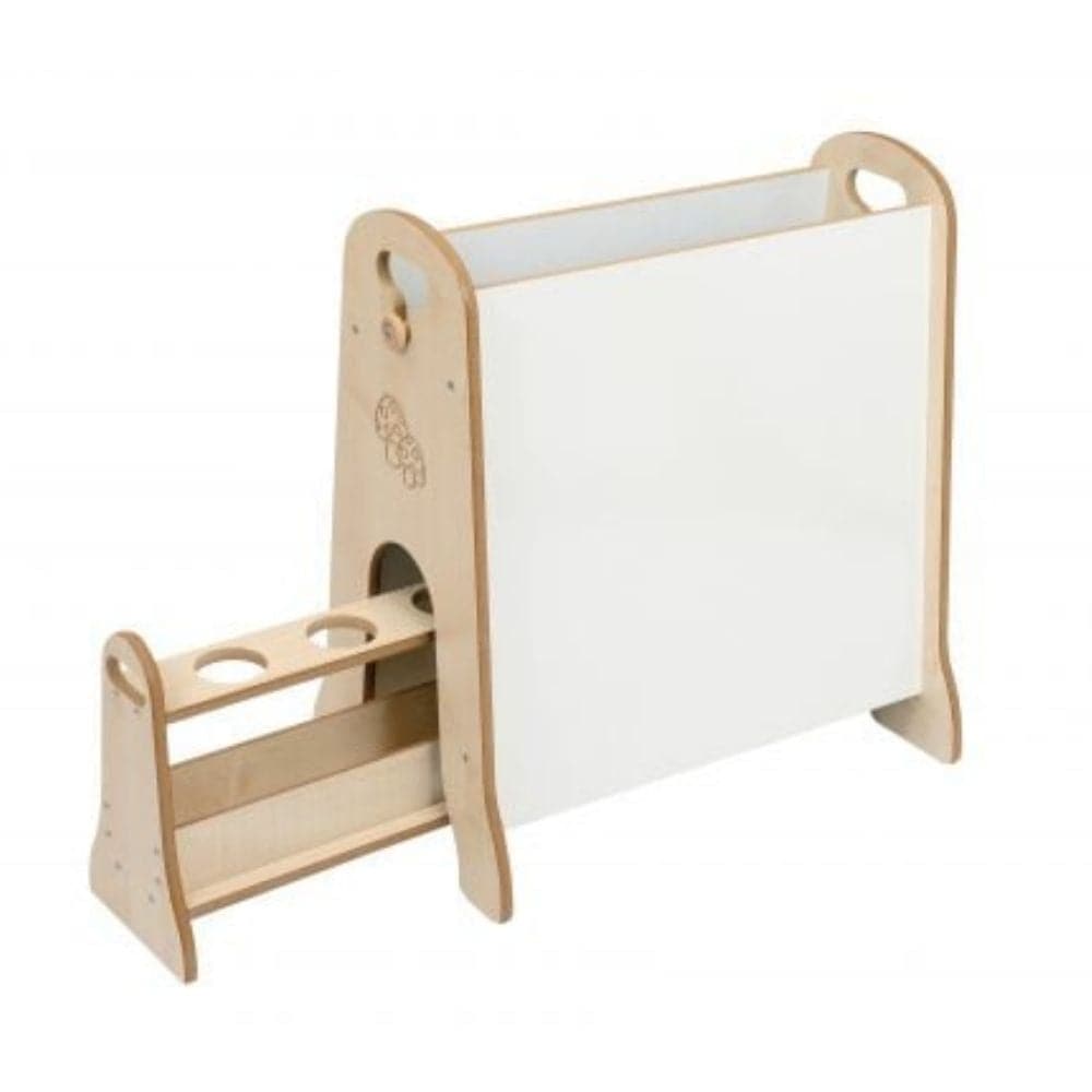Toddler Easel with Storage, The Toddler Easel with Storage is a double sided easel with built in pull out storage for easy child access. The Toddler Easel with Storage has chalkboard and dry wipe board on each side. The Toddler Easel with Storage has a space saving storage simply pulls out from within the easel, includes holes for four paint pots. Teams well with the Art Storage Trolley Benefits of the Toddler Easel with Storage Easel: H750 x W650 x D420mm. Easel Storage: H358 x W220 x D220mm. Art Storage T