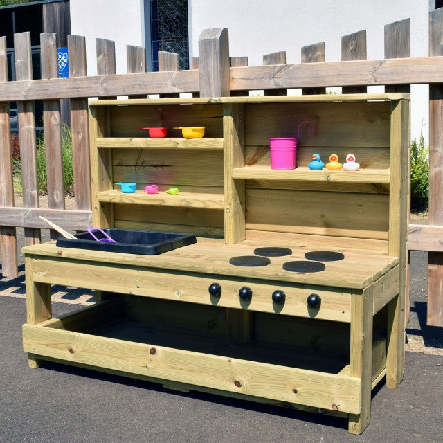 Toddler Mud Kitchen, Introducing the Toddler Mud Kitchen, the perfect kitchen for little ones to unleash their imagination and creativity. This mud kitchen is specifically created to boost children's imaginative play while also helping them develop their gross and fine motor skills through engaging in messy play activities.This fantastic mud kitchen comes complete with a hob, sink, and shelving, providing ample space for children to store their kitchen equipment and play with various materials. With plenty 