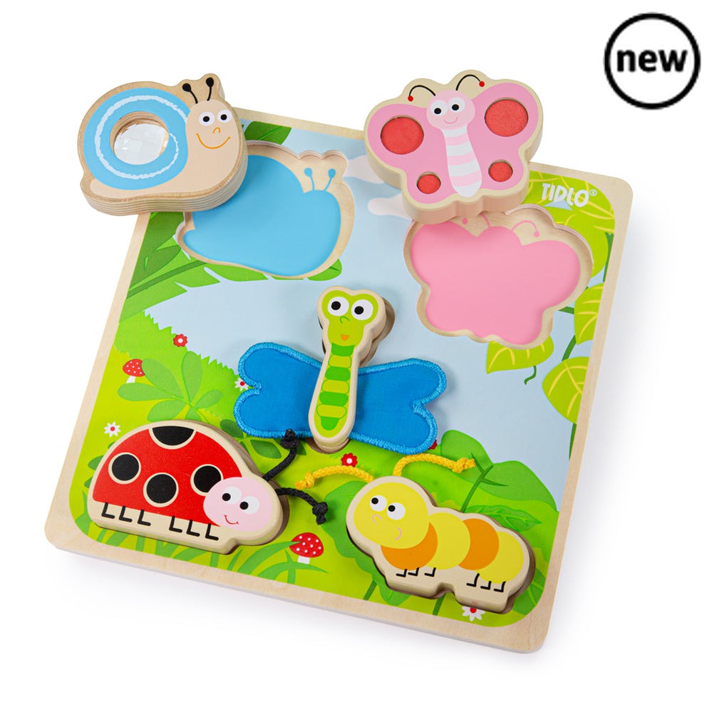 Touch and Feel Insects, Feel the soft dragonfly wings and gaze into the mirrored snail... These are just two of the exciting textures to explore on this delightful Touch and Feel Insect Puzzle. The insects that are illustrated in this colourful scene are a ladybug, caterpillar, butterfly, dragonfly and snail. The Tidlo Touch and Feel Puzzles are a diverse range of sensory puzzle boards great for early development. Remove the five wooden puzzle pieces to reveal the matching colour underneath. A great way to 