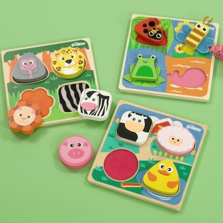Touch and Feel Texture Jigsaw Puzzles 3 Pack, Introducing a set of three versatile wooden puzzles designed for children to explore various textures, match pieces, and learn. These sensory puzzles serve as an excellent tool for enhancing matching and sorting skills, while the assorted textures offer a unique learning experience. Suitable for children of all ages, including infants, these puzzles are a delightful addition to any play or learning environment. 🌟 Features: Multi-Textured Pieces: Offers assorted 