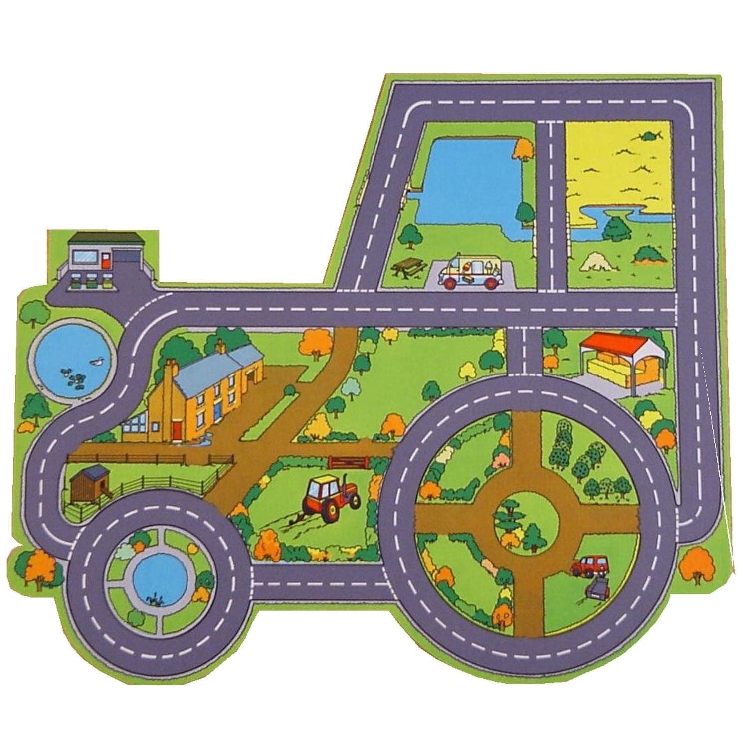 Tractor Farm Playmat, The Tractor Farm Play mat is designed for very young children. this mat is car shaped. Both roads and railways are illustrated using clear colourful design. The Tractor Farm Play Mat Play is printed on 100% polyester surface with a rubber anti-slip backing. Dimensions: 1000 x 860mm Large brightly coloured play mat will be a great addition for any youngster Simply packed with brilliant detail - they'll play happily for hours! A superb base for adding favourite farm animals, buildings, t