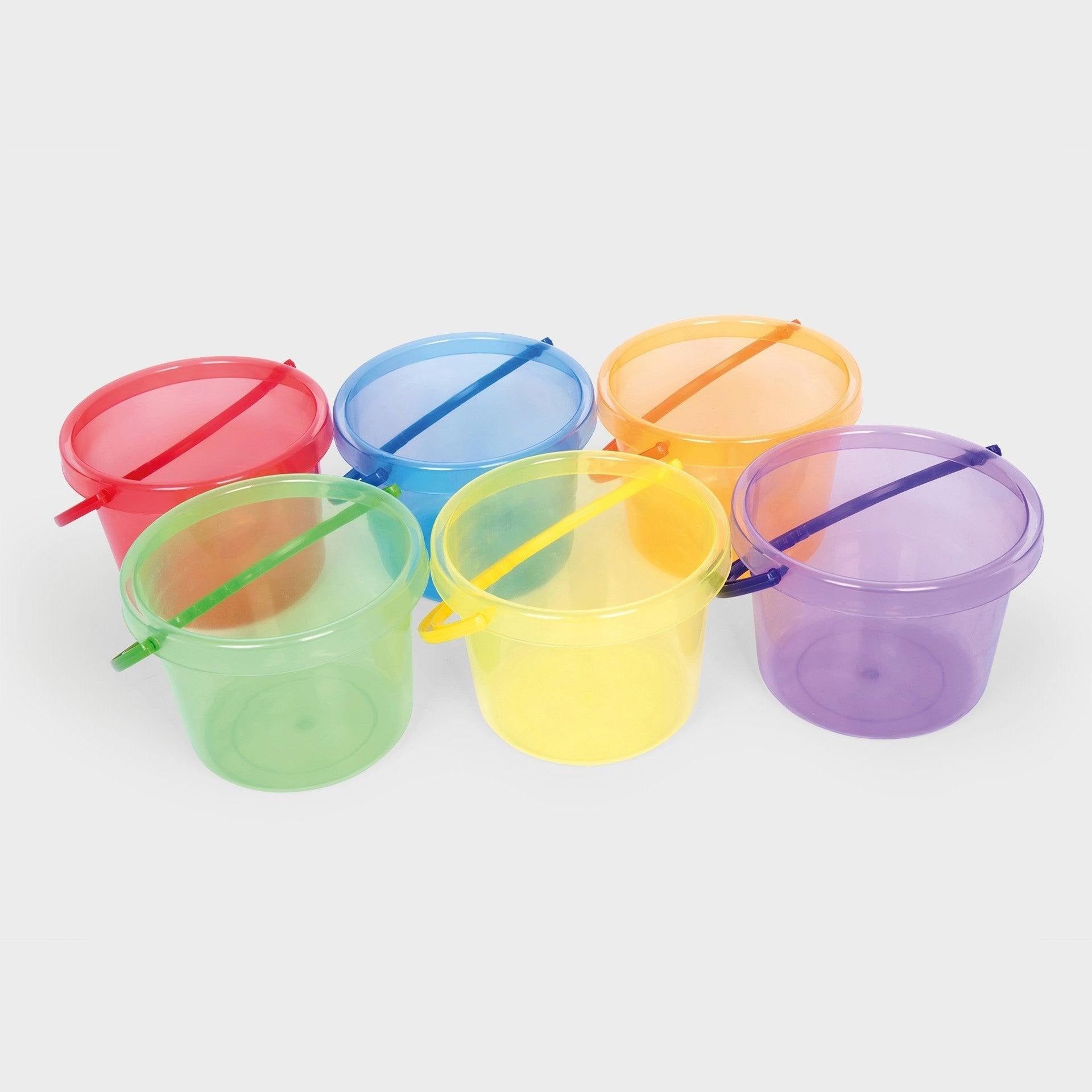 Translucent Colour Bucket Set 6 Pack, Our TickiT® Translucent Colour Bucket Set will provide your child with endless fun as they are the perfect size for little hands to stack and carry them. The Translucent Colour Bucket Set is ideal for messy play, exploring sand and water play, transporting different materials to investigate and for colour mixing and matching. The Translucent Colour Bucket Set includes: 6 buckets in 6 colours (red, orange, yellow, green, blue, purple). The Translucent Colour Bucket Set c