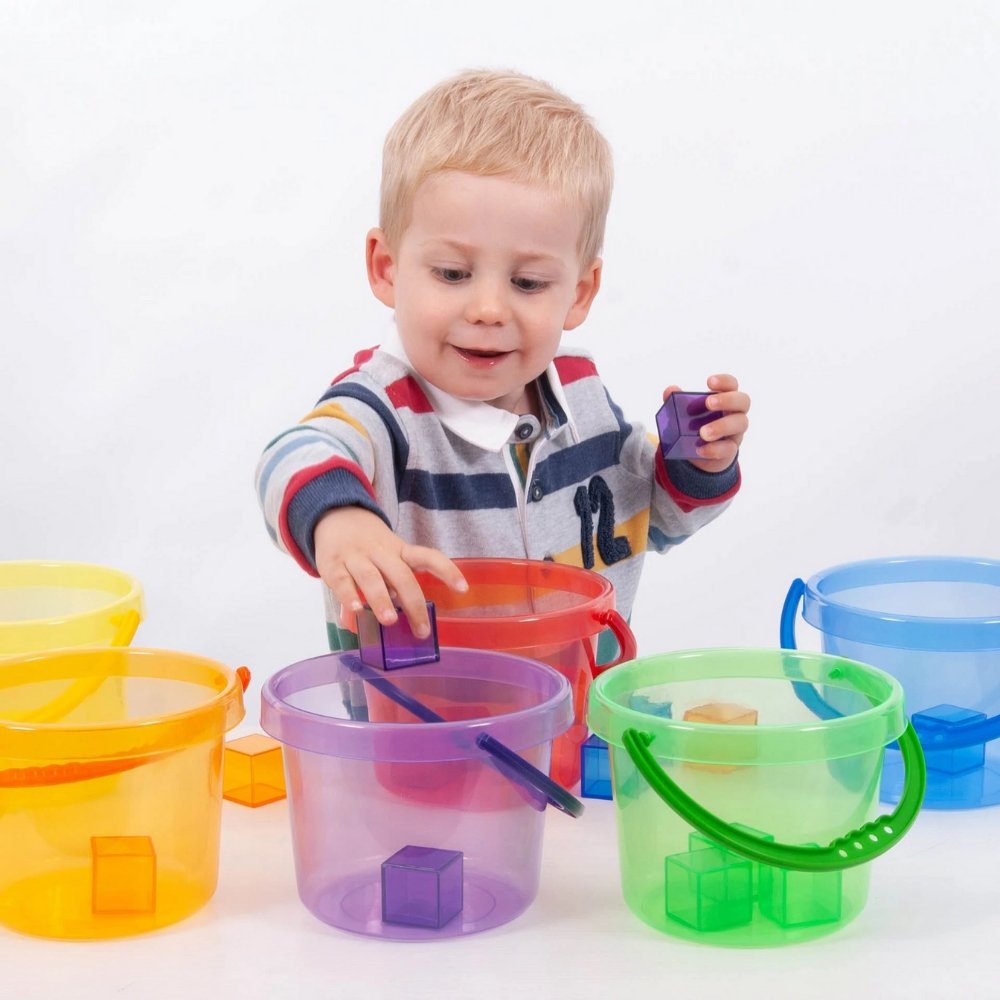 Translucent Colour Bucket Set 6 Pack, Our TickiT® Translucent Colour Bucket Set will provide your child with endless fun as they are the perfect size for little hands to stack and carry them. The Translucent Colour Bucket Set is ideal for messy play, exploring sand and water play, transporting different materials to investigate and for colour mixing and matching. The Translucent Colour Bucket Set includes: 6 buckets in 6 colours (red, orange, yellow, green, blue, purple). The Translucent Colour Bucket Set c