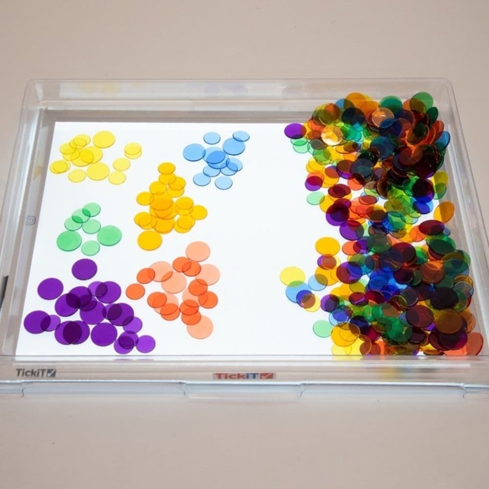Translucent Colour Counters 500 Pack, This Translucent Colour Counter set comes in in 6 colours and 2 sizes, supplied in a handy storage jar. The Translucent Colour Counters 500 Pack is ideal for using on a light panel for counting, sorting, pattern-making and colour recognition activities. These translucent counters are ideal for teaching principles like counting, sorting and sequencing activities. Supports the following areas of learning: Physical Development - motor skills Understanding the World - colou