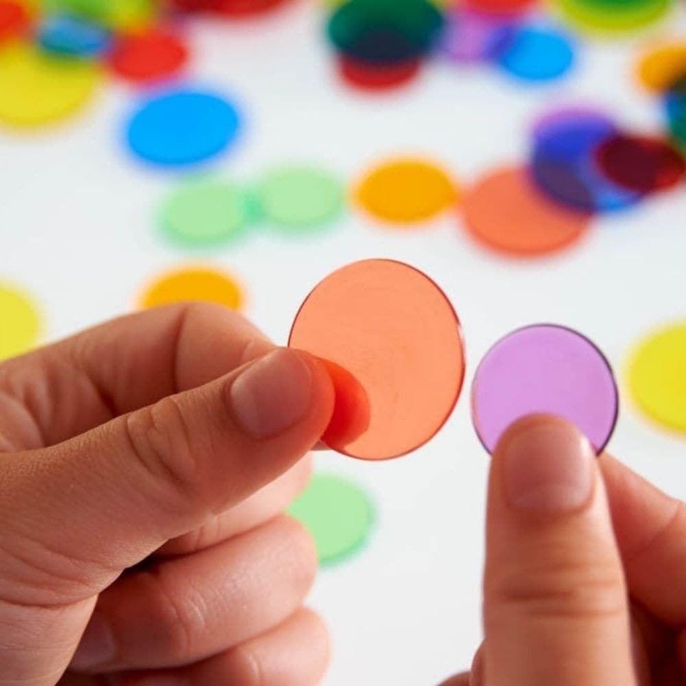 Translucent Colour Counters Set of 1000, Discover the endless possibilities of learning with our Translucent Colour Counters Set. Perfect for educators, parents, and kids, this expansive set offers a vibrant array of 1000 round transparent counters, each with a diameter of 25mm. Whether you're illuminating them on a light box or using them for pattern creations, these counters are versatile, durable, and designed to inspire. Key Features: Bulk Value Pack: With 1000 counters, this pack offers an unmatched va