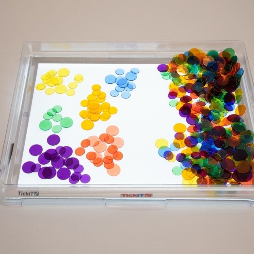 Translucent Colour Counters Set of 1000, Discover the endless possibilities of learning with our Translucent Colour Counters Set. Perfect for educators, parents, and kids, this expansive set offers a vibrant array of 1000 round transparent counters, each with a diameter of 25mm. Whether you're illuminating them on a light box or using them for pattern creations, these counters are versatile, durable, and designed to inspire. Key Features: Bulk Value Pack: With 1000 counters, this pack offers an unmatched va