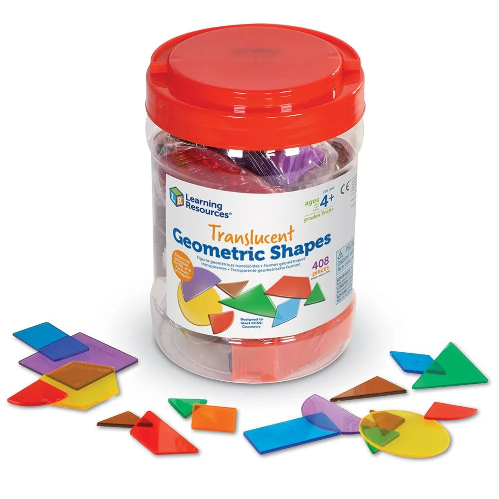 Translucent Geometric Shapes Set of 408, Engage young students in 2-D shape play with Learning Resources® colourful plastic shapes in seven different colours. Great for sorting, classifying, using with light tables, and more! This 408-piece set provides enough 2-D shapes for your whole class to explore! Translucent shapes come in seven different colours and are perfect for tabletop or light table use. This set includes 14 different shapes, including square, rectangle, circle, triangle, semi circle, and hexa