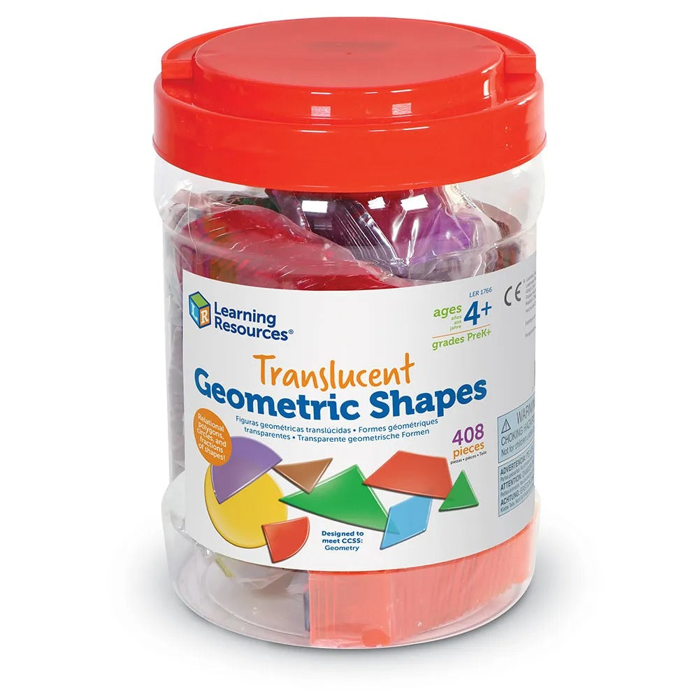 Translucent Geometric Shapes Set of 408, Engage young students in 2-D shape play with Learning Resources® colourful plastic shapes in seven different colours. Great for sorting, classifying, using with light tables, and more! This 408-piece set provides enough 2-D shapes for your whole class to explore! Translucent shapes come in seven different colours and are perfect for tabletop or light table use. This set includes 14 different shapes, including square, rectangle, circle, triangle, semi circle, and hexa
