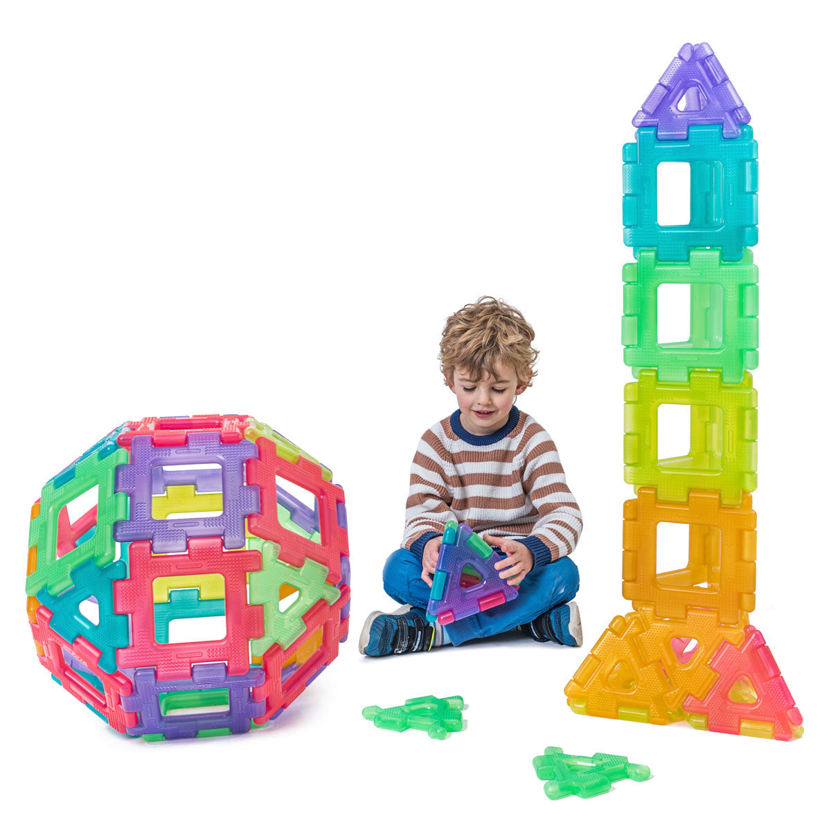 Translucent Giant Polydron Set-60 Pieces, Create colourful constructions with Translucent Giant Polydron! This 60-piece set contains equal numbers of squares and triangles in 6 stunning colours. The Translucent colours add a whole new dimension to play when using the pieces outdoors in natural sunlight or with a light source. Improve fine and gross motor skills through construction play. The Translucent Giant Polydron Set-60 Pieces set is suitable for both indoor and outdoor use. The large, chunky pieces ar