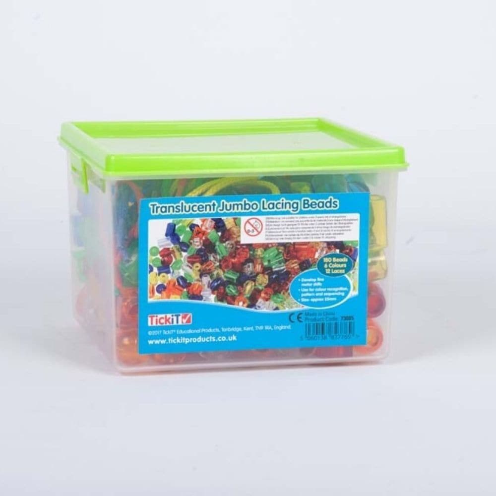 Translucent Jumbo Lacing Beads Set of 180 with 12 Laces, Bumper pack of translucent plastic lacing beads in 6 shapes and 6 colours with 12 laces. Use the Translucent Jumbo Lacing Beads Set for colour and shape recognition, fine motor skills, pattern and sequencing, or sorting and counting. The Translucent Jumbo Lacing Beads Set comes in a convenient storage container. Supports the following areas of learning: Physical Development - motor skills Understanding the World - colour Maths - counting & sorting Mat