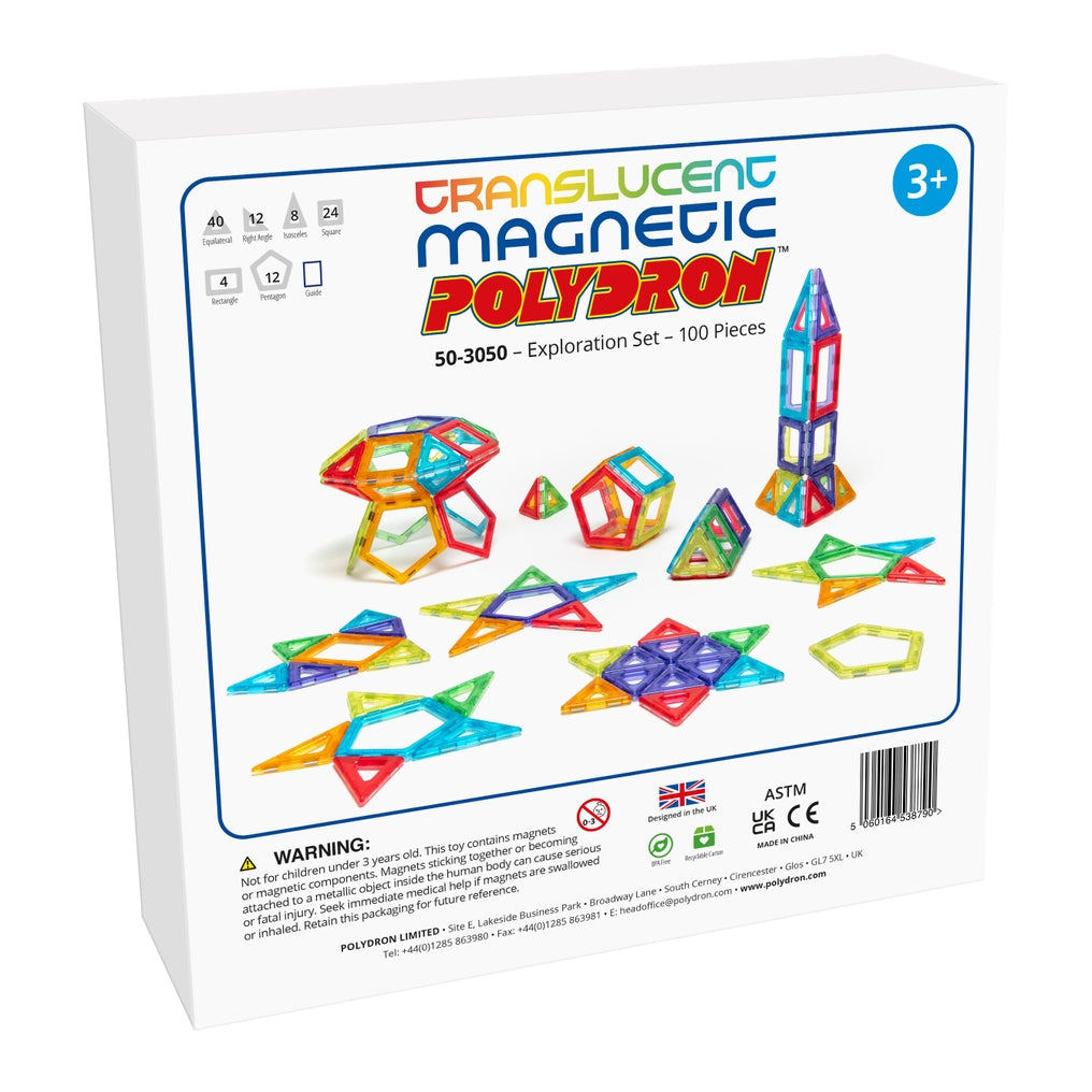 Translucent Magnetic Polydron Exploration Set, Create a vast array of amazing models with the Translucent Magnetic Polydron Exploration Set.This stunning new 100 piece Translucent Magnetic Polydron Exploration Set will allow children to open up their imaginations.The Translucent Magnetic Polydron Exploration Set is made from super tough, engineering grade MABS, which is extremely durable. Contents of the Translucent Magnetic Polydron Exploration Set 40 equilateral triangles, 12 right angle triangles, 8 isos