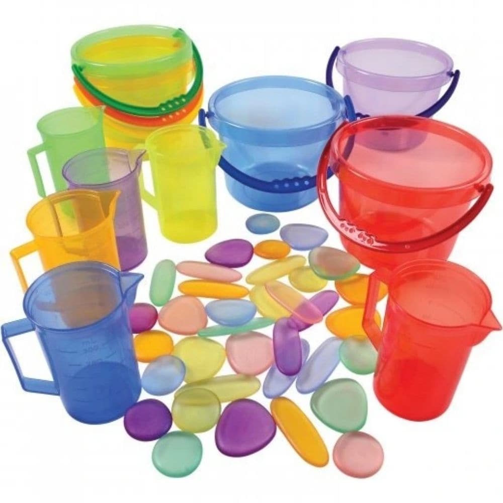 Translucent Rainbow Water Play Set, The Translucent Rainbow Water Play Set is ideal for use in exploration play, for colour mixing and matching, and for water play in any setting. Children will love the bright colours on this Translucent Rainbow Water Play Set. The Translucent Rainbow Water Play Set supports the following areas of learning: Set of 48 pcs. Water play set including buckets, pitchers, and pebbles Use to dump, pour and scoop Ages 18 mos. Understanding the World - exploration Understanding the W