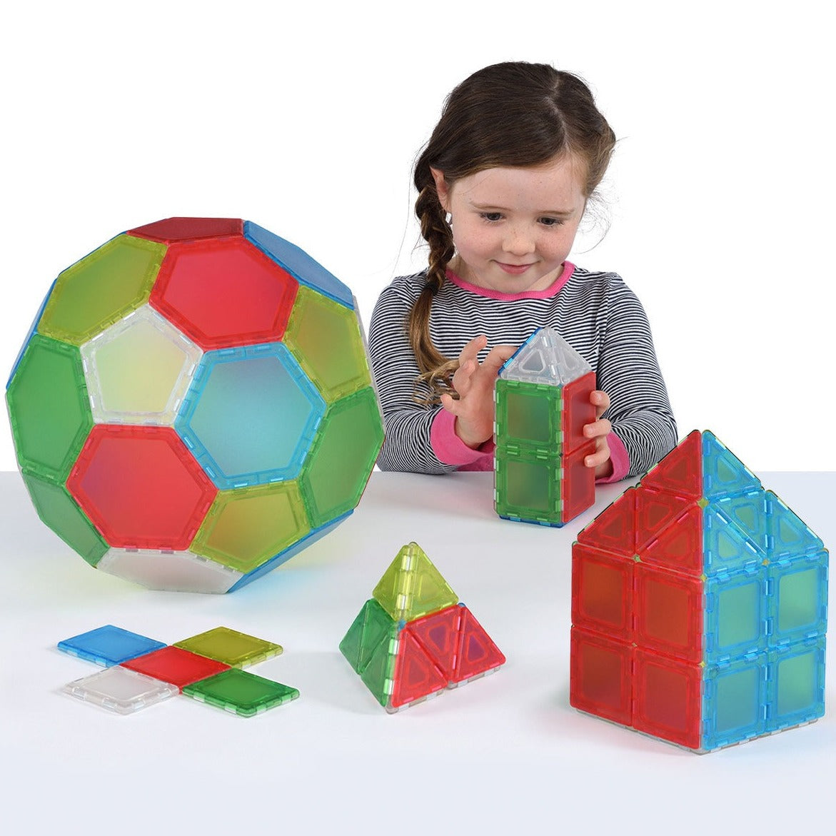 Translucent Solid Magnetic Polydron Essential Shapes Set, Introduce a new dimension of creativity and learning with the Translucent Solid Magnetic Polydron Essential Shapes Set. With 104 pieces, including squares, equilateral triangles, pentagons, and hexagons, this set is perfect for building more complex shapes and teaching geometry, construction, and polarity to larger groups of children.These translucent pieces are supplied in five appealing colors, adding a captivating visual element to creations. The 