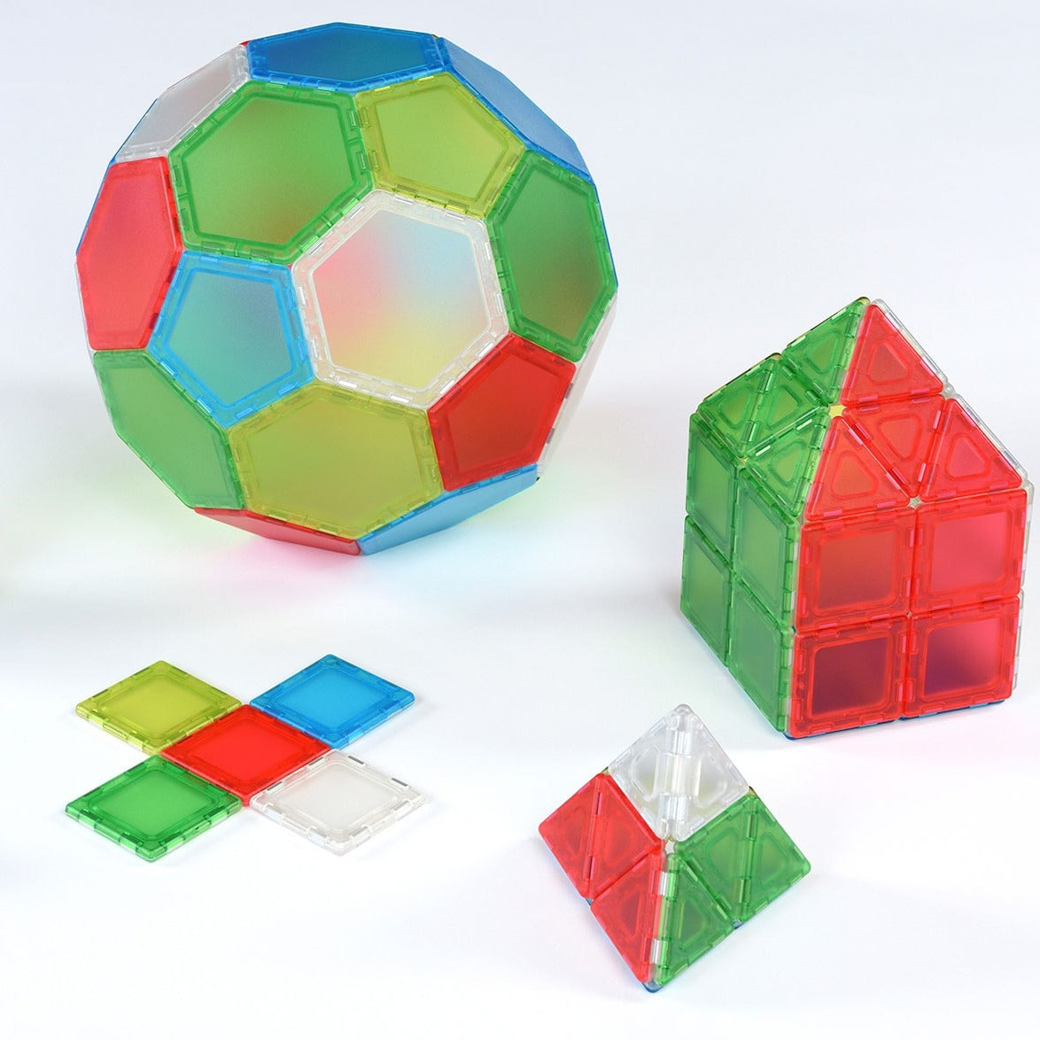 Translucent Solid Magnetic Polydron Essential Shapes Set, Introduce a new dimension of creativity and learning with the Translucent Solid Magnetic Polydron Essential Shapes Set. With 104 pieces, including squares, equilateral triangles, pentagons, and hexagons, this set is perfect for building more complex shapes and teaching geometry, construction, and polarity to larger groups of children.These translucent pieces are supplied in five appealing colors, adding a captivating visual element to creations. The 