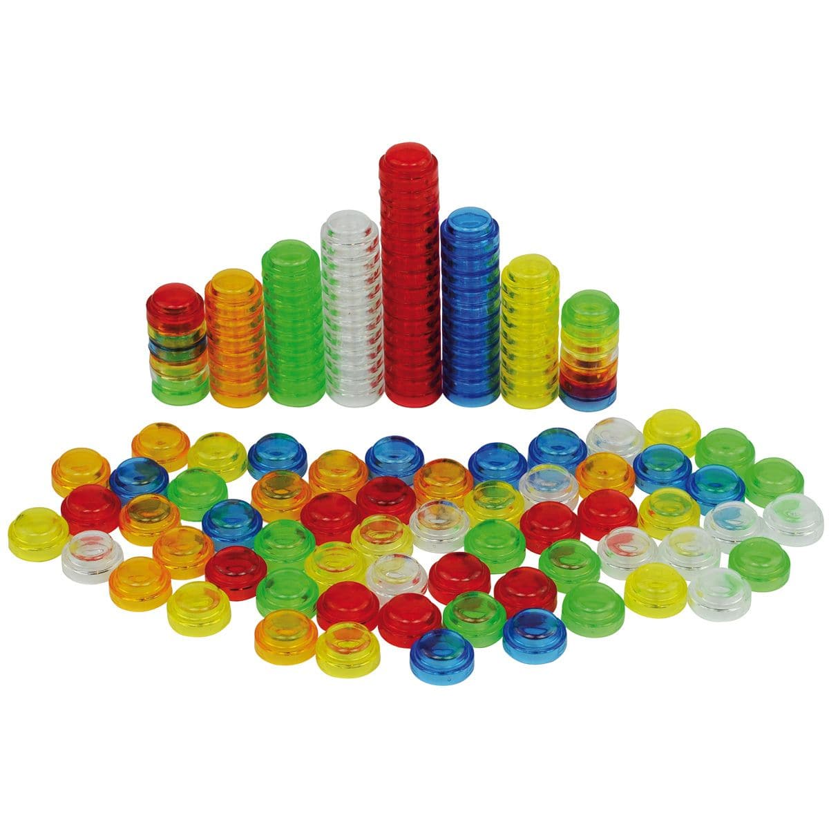 Translucent Stackable Counters 500 Piece, Translucent plastic counters in 6 colours that can be stacked into towers or used for counting, sorting, pattern-making and sequencing. The Translucent Stackable Counters come in a convenient storage container. TickiT® Translucent Stackable Counters is a set of colour acrylic counters which easily stack together so your child can create vibrant translucent towers.Perfect for use on a light panel where structures look even more impressive with the light shining throu