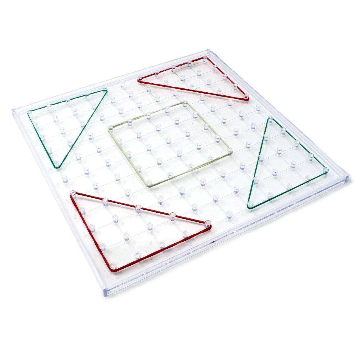 Transparent Geoboard, Geoboards are a visual way for children to grasp the basics of maths principles including geometry, symmetry, angles, fractions, and more through fun, hands-on learning activities. Made from durable transparent plastic, the 11 x 11 pin Transparent Geoboard is ideal for maths learning in the classroom and at home. Use the included colourful elastic bands, and add your own for even more creative maths fun. Grab an elastic band and start learning about angles, shapes, geometry and more! T