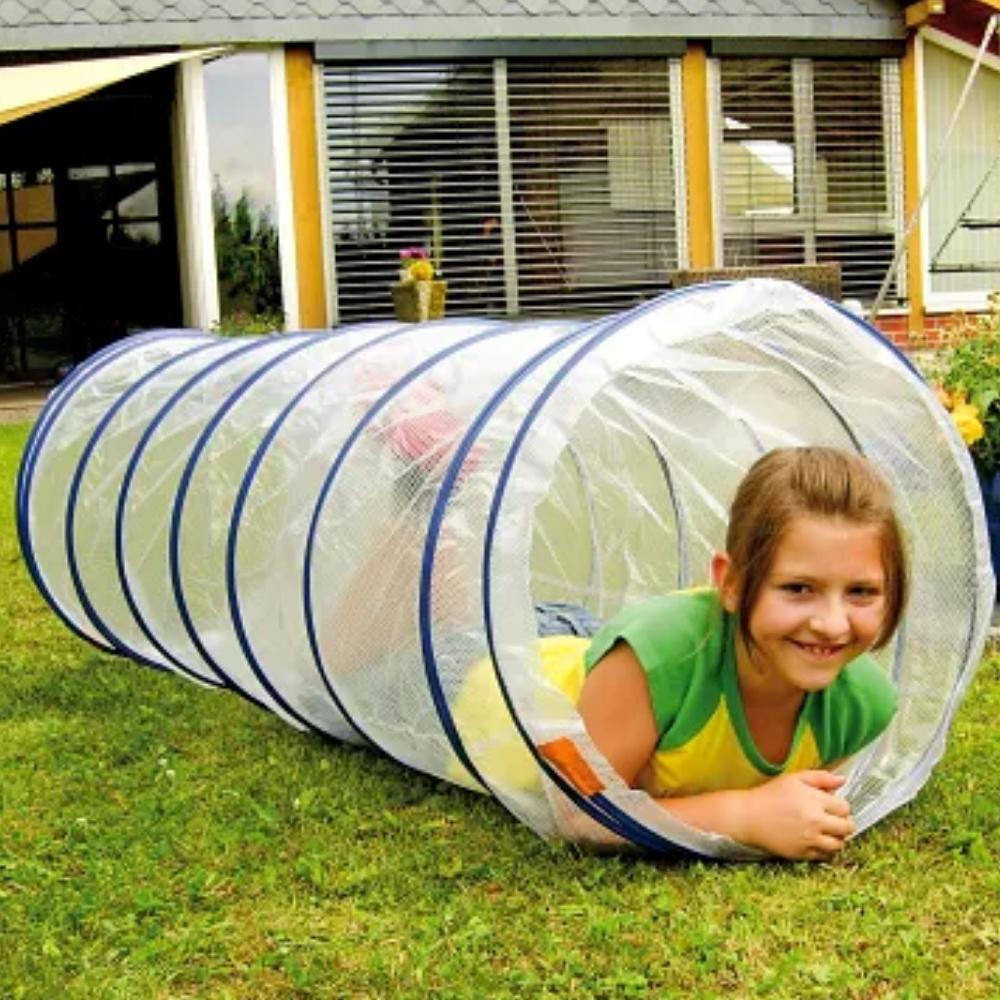 Transparent play tunnel, The Transparent play tunnel is great for those who might have a slight fear of dark places. The Transparent play tunnel is a wonderful way to encourage gross motor skills like crawling and rolling these tunnels are suitable for indoor and outdoor use, and pack down easily for simple storage and transportation. The tunnel is 60cm in diameter and 180cm long. The tunnel also uses a flexible design. A great addition to obstacle courses and try adding balls or cushions inside the tunnel 