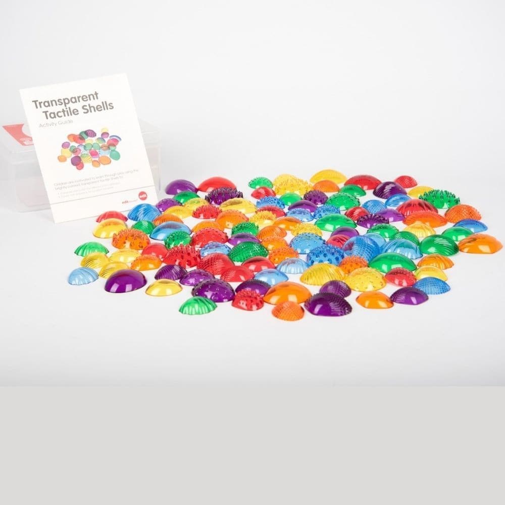 Transparent Tactile Shells - Pk108, The Transparent Tactile Shell's are beautiful translucent colour seashells in 2 sizes and 6 colours with 6 different tactile surfaces. Children will love to touch and feel these Transparent Tactile Shells, describing the differences and similarities as well as discovering the colours and colour-mixing opportunities they provide. The Transparent Tactile Shells - Pk108 are ideal to teach early number concepts such as sorting, matching, comparing, sequencing, patterning and 