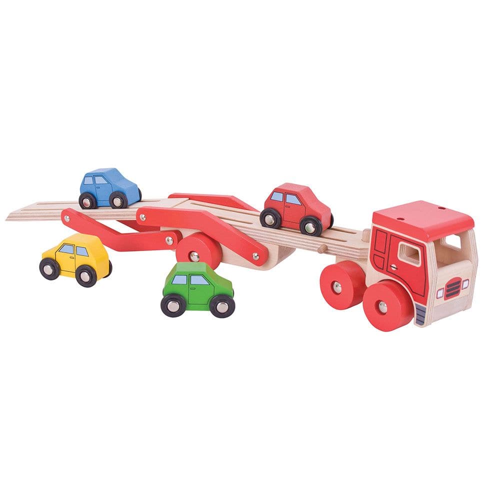 Transporter Lorry, This wooden Transporter Lorry Toy helps to develop kids’ dexterity and coordination as they play. It carries a load of four colourful wooden cars (which slot nicely onto the trailer) and is safe for little hands to play with. The toy car transporter lorry’s upper deck can be easily lowered to allow each vehicle to drive on and off and grooves in the surface help to keep each car in place as they're transported to their destination. It is made from high-quality, responsibly sourced materia