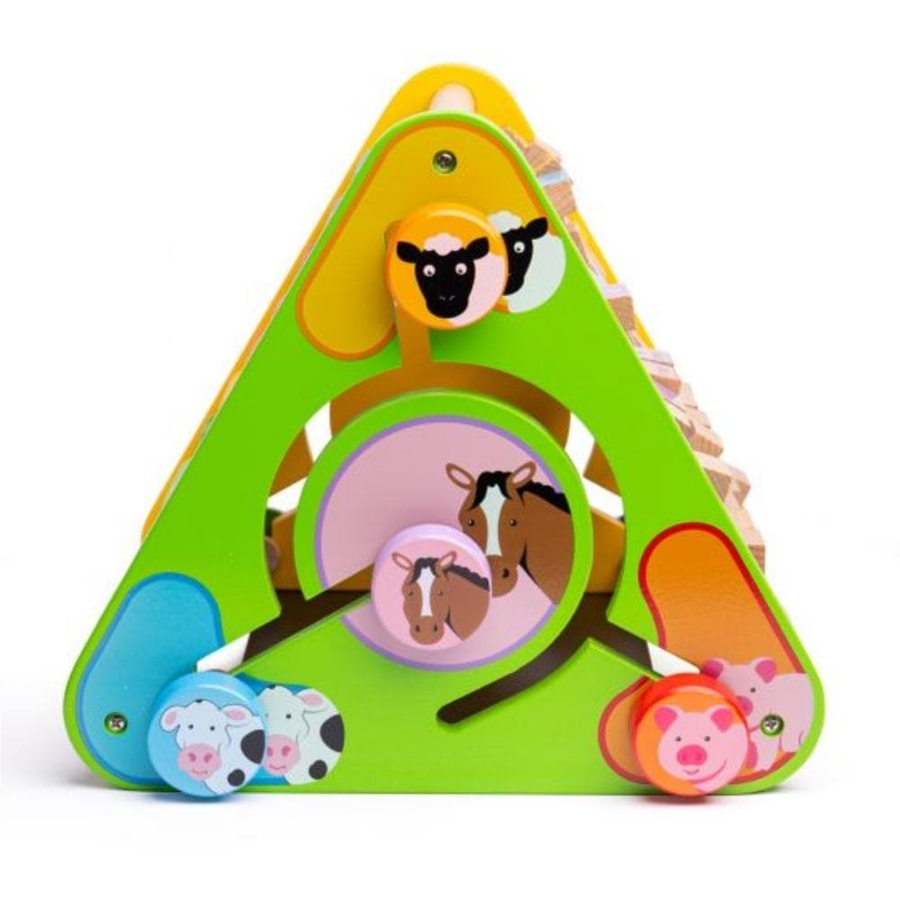 Triangular Activity Centre, The Triangular Activity Centre is our wooden Baby Activity Centre which has 5 activities in 1! With no detachable pieces, our Triangular Activity Centre is ideal when travelling and ensures no pieces are ever lost! The Triangular Activity Centre is an early learning powerhouse, this baby and toddler wooden activity centre is child-friendly and suitable for little ones aged 12 months +. No detachable pieces means you can safely leave your child happily playing. Helps to develop co