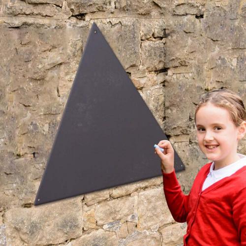 Triangular Chalkboard, The Triangular Chalkboards are coated in several layers of high quality chalkboard paint giving it that authentic matte finish. Usable with chalks and chalk pens (not included). These Triangular Chalkboards can be fixed to the wall, using the pre-drilled holes, enabling desired position. Suitable for Indoor/outdoor use. Create themed/zoned/role play areas, explore Maths or Literacy outdoors, create signs around your outdoor area, create signs inside around the school building or write