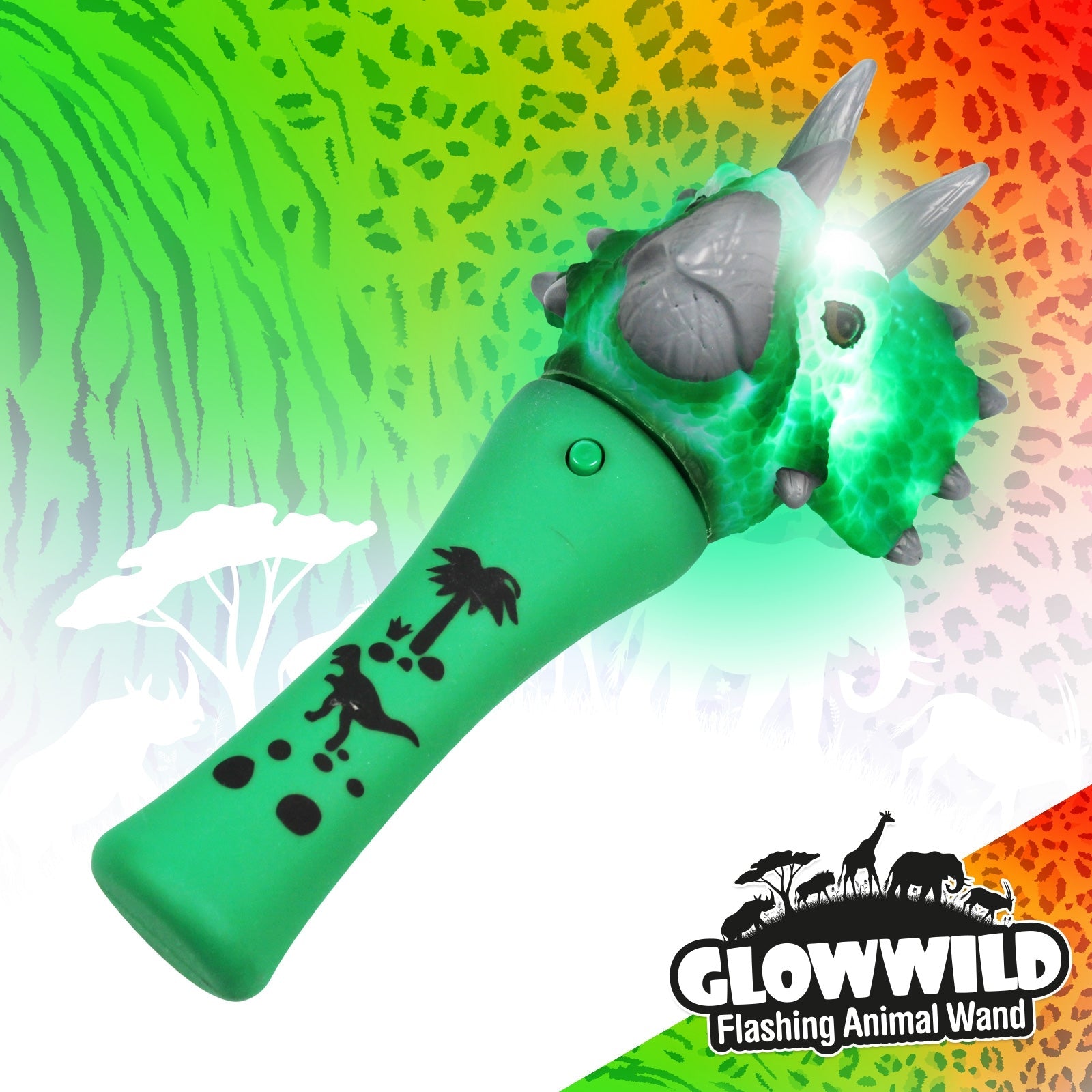 Triceratops Mini Light Up Animal Wand 7", Triceratops Mini Light Up Animal Wand 7" Description Bring Jurassic World to party time with this flashing dino wand topped with a triceratops head! Packed with colour change LEDs, this triceratops wand shines through a multi coloured light show with incredible flashing effects that will mesmerise! At 7" long, this Triceratops Mini Light Up Animal Wand is just the right size for younger party animals and it's simple on/of function make it easy to control. Glow Wild 
