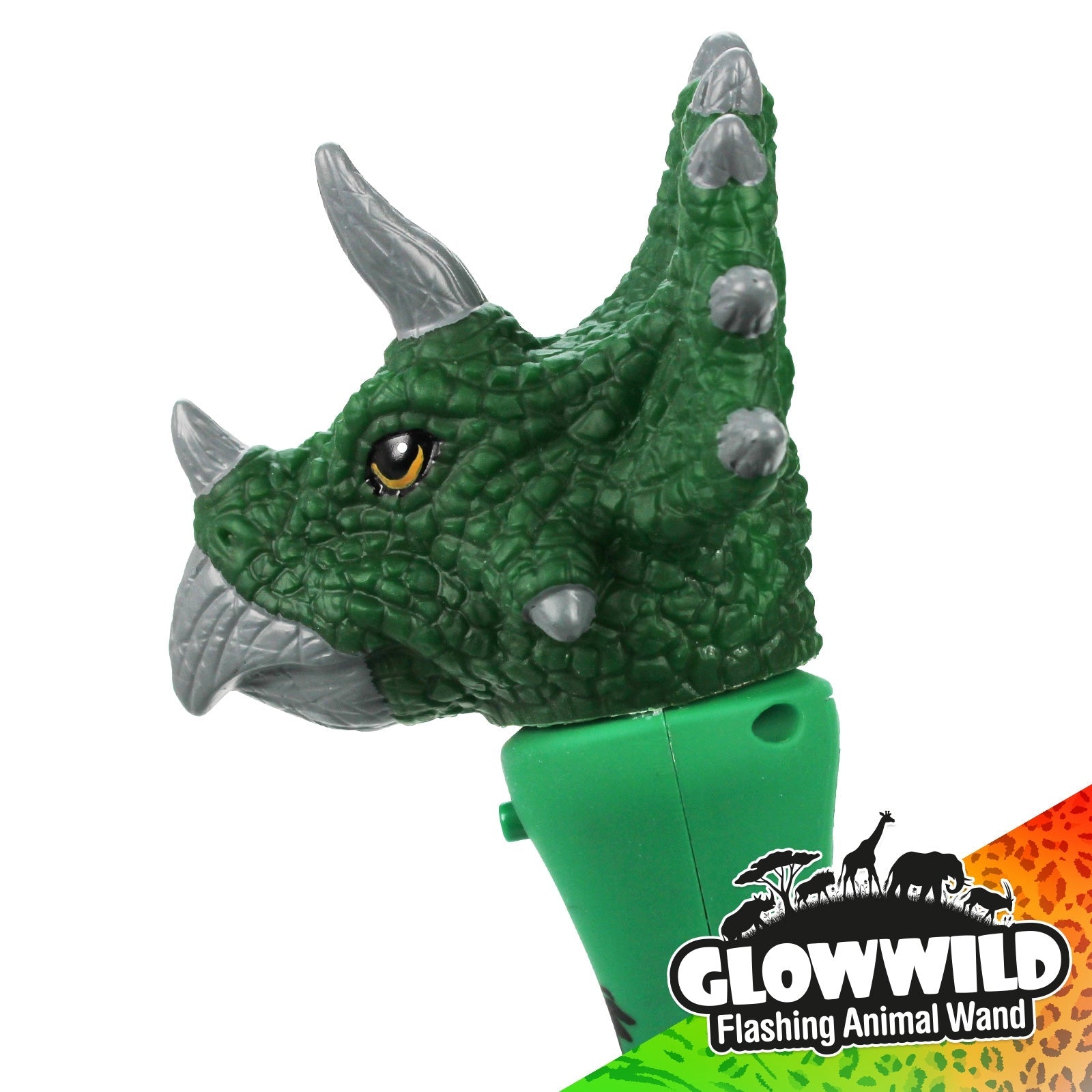 Triceratops Mini Light Up Animal Wand 7", Triceratops Mini Light Up Animal Wand 7" Description Bring Jurassic World to party time with this flashing dino wand topped with a triceratops head! Packed with colour change LEDs, this triceratops wand shines through a multi coloured light show with incredible flashing effects that will mesmerise! At 7" long, this Triceratops Mini Light Up Animal Wand is just the right size for younger party animals and it's simple on/of function make it easy to control. Glow Wild 