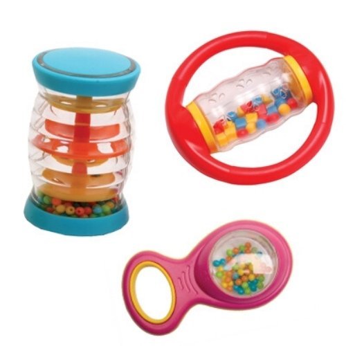 Trio Rattle Band, hold and shake, the Halilit Trio Rattle Band is the perfect introduction to the world of music for your little one.This beautiful set includes three different rattles - the Baby Shaker, Rolling Shapes, and the popular Rainboshaker. Each rattle is filled with colourful cascading beads that create a delightful sound with every shake.The Baby Shaker is designed with easy-to-grasp handles, allowing your child to shake it and create their own jingling melodies. The Rolling Shapes rattle feature