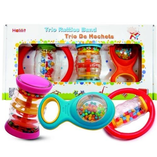 Trio Rattle Band, hold and shake, the Halilit Trio Rattle Band is the perfect introduction to the world of music for your little one.This beautiful set includes three different rattles - the Baby Shaker, Rolling Shapes, and the popular Rainboshaker. Each rattle is filled with colourful cascading beads that create a delightful sound with every shake.The Baby Shaker is designed with easy-to-grasp handles, allowing your child to shake it and create their own jingling melodies. The Rolling Shapes rattle feature