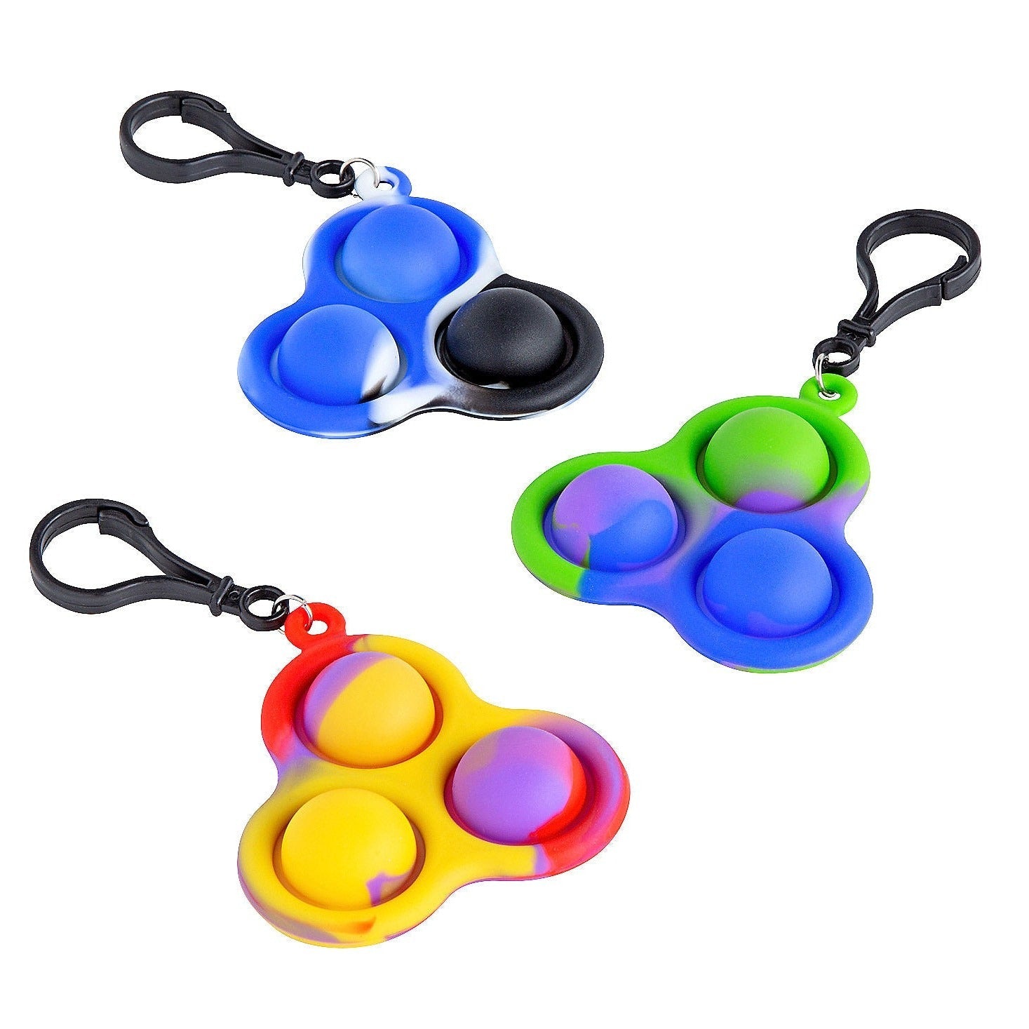 Triple Pop Key Chain, The Triple Pop Key Chain is a keychain version of this hugely popular trend line that behaves like reusable bubble wrap. This colourful Triple Pop Key Chain pad features a set of three of bubbles that make a satisfying pop sound when pushed inwards. After one press, the bubble then appears on the other side, ready to be pushed and popped all over again. This fiddle toy is immensely satisfying to use, and is proving to be a big hit with popular Tik Tok users and other social media influ