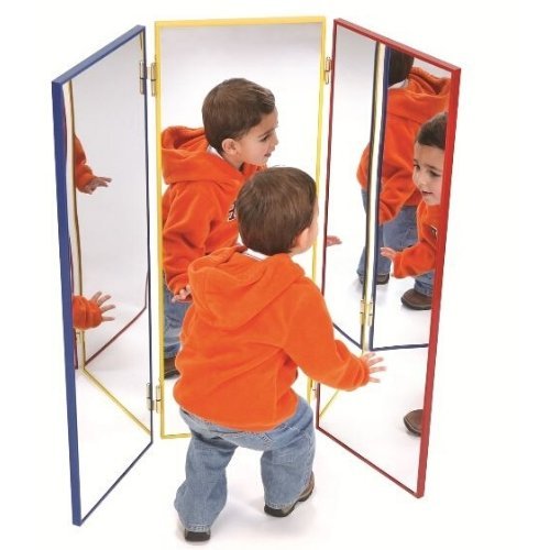 Triple Unbreakable Mirror, This Triple Unbreakable Mirror is a durable and reliable choice for children's safety. It is composed of three clear methacrylate mirrors that are built to last. The two side mirrors can be easily adjusted for profile observation, allowing children to explore their own reflection from different angles. Additionally, the central mirror can be conveniently wall-mounted for added versatility. The mirror showcases a vibrant aluminum frame, adding a touch of color to any space. Whether