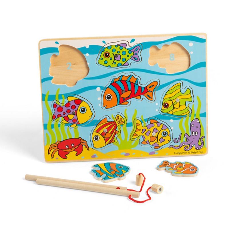 Tropical Magnetic Fishing Game, The brightly coloured Tropical Magnetic Fishing Game can be hooked up by a magical, magnetic rod and once they're safely attached, they can be placed back onto the wooden board.The Tropical Magnetic Fishing Game requires skill and concentration as each fish needs to be placed back into the correct slot! Helps to develop dexterity and co-ordination. Made from high quality, responsibly sourced materials. Conforms to current European safety standards. Consists of 10 play pieces.