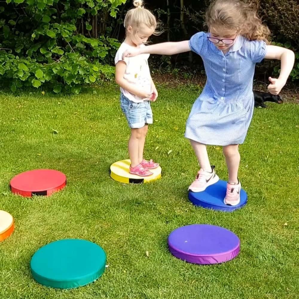 Trumpet Step Set, The Trumpet Step set is ideal for developing balance, identification and sequencing skills. The Trumpet Step Set is made up of brightly coloured discs which you can use to make different games using the 6 discs. The Trumpet Step Set has wipe down fabric tops with durable non slip base for indoor and outdoor use. Three of the 33cm diameter discs make a sound, making it great for many games and activities. Wipe down fabric tops with durable non slip base for indoor and outdoor use. Develops 