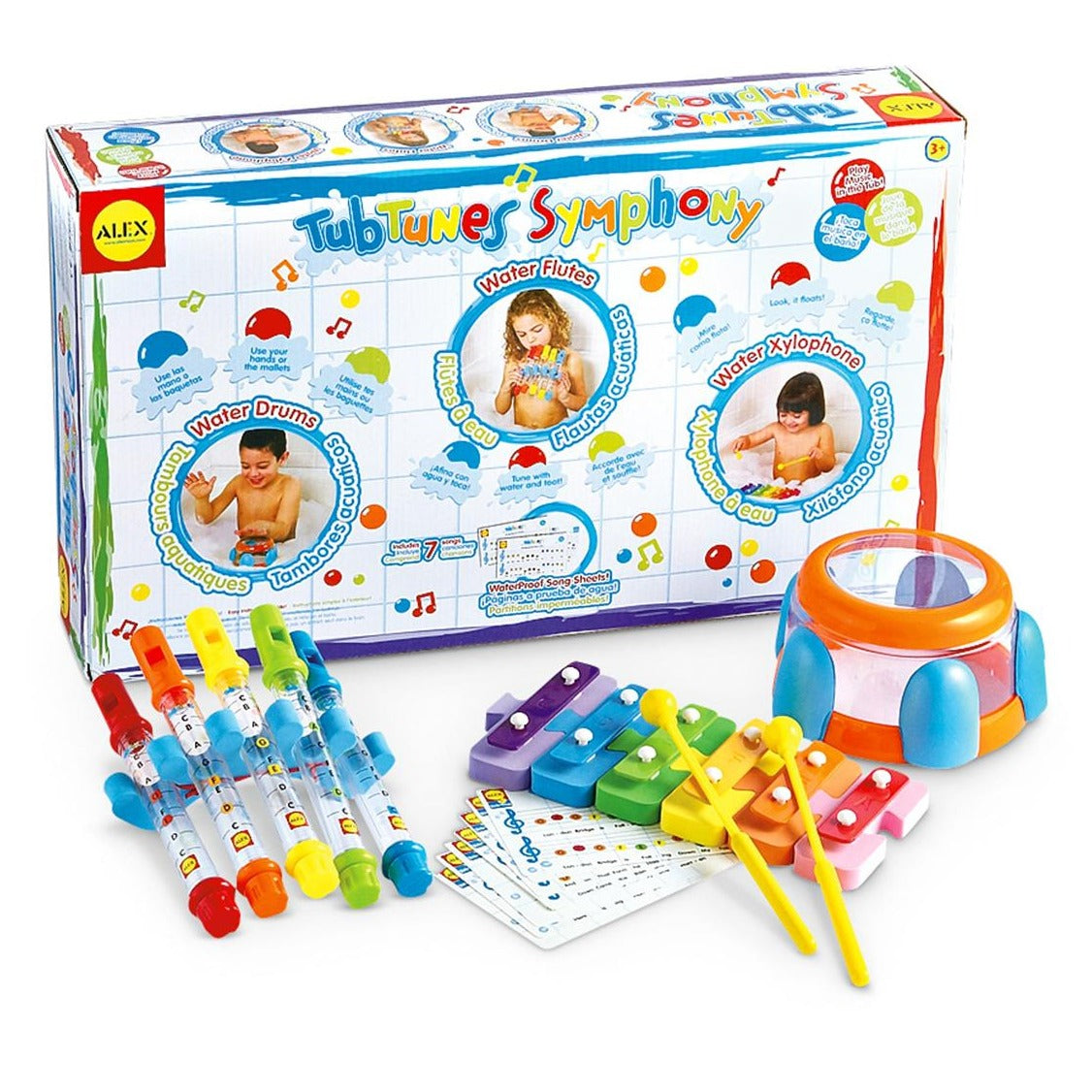 Tub Tunes Symphony Bath Toy Set, Working musical instruments for the bath tub! Learn the xylophone, drum, and flute with laminated music sheets for each instrument.The Tub Tunes Symphony Bath Toy Set includes mallets for drumming and playing the xylophone. Try these bath toys out of the bath tub too to make beautiful music anywhere! 3 real instruments for the bathtub Play music in the tub Turn bath time into show time Includes water xylophone, 2 mallets, water drum and water flutes plus 7 waterproof song sh