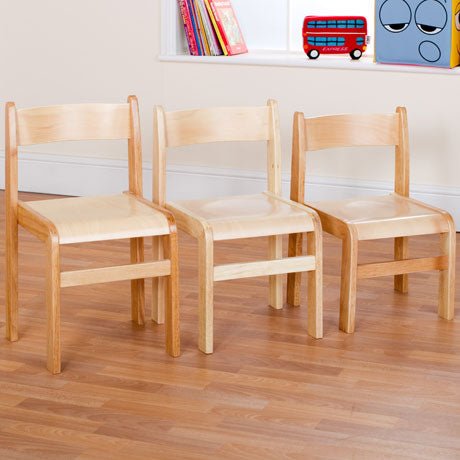 Tuf Class ™ Wooden Chair Natural Pack of 2, Robust, high quality, hand crafted solid wood stackable children’s chairs. Coordinate well with our Tuf Class™ Classroom Grouping Table Ranges. Robust, high quality, hand crafted solid wood stackable children™ chairs. Steam moulded wooden seat ergonomically designed back for optimum posture support and comfort. Acrylic scratch resistant multicoated varnish. Super strong, glued, screwed and pinned construction for heavy school use. Reinforced with a cross bar betwe