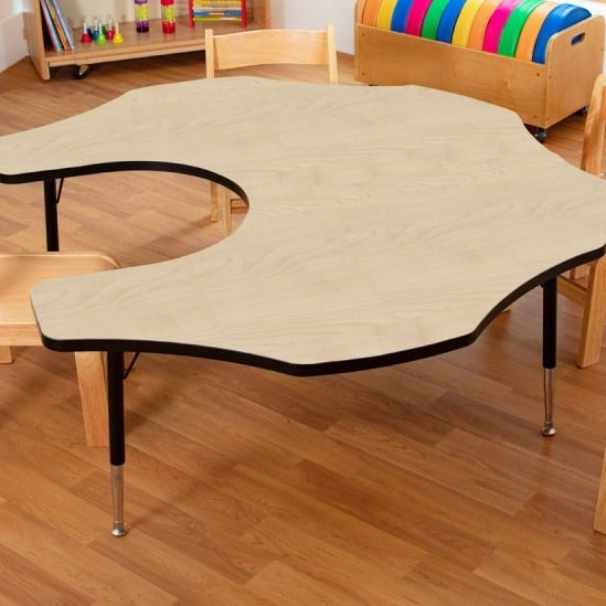Tuf-Top Height Adjustable Teacher's Flower Table - Heavy Duty, These high quality Teacher's flower shaped adjustable height tables, classroom tables are suitable for heavy duty use with a sturdy 25 mm thick tough table top. Flower shaped table top: 1525 mm diameter Height is adjustable in 25 mm increments from 430 mm to 635 mm, suitable for ages up to 11 years Heavy duty suitable for severe school use Hard-wearing and easy to clean table tops are available in two colours: blue or red Black powder coated (EP
